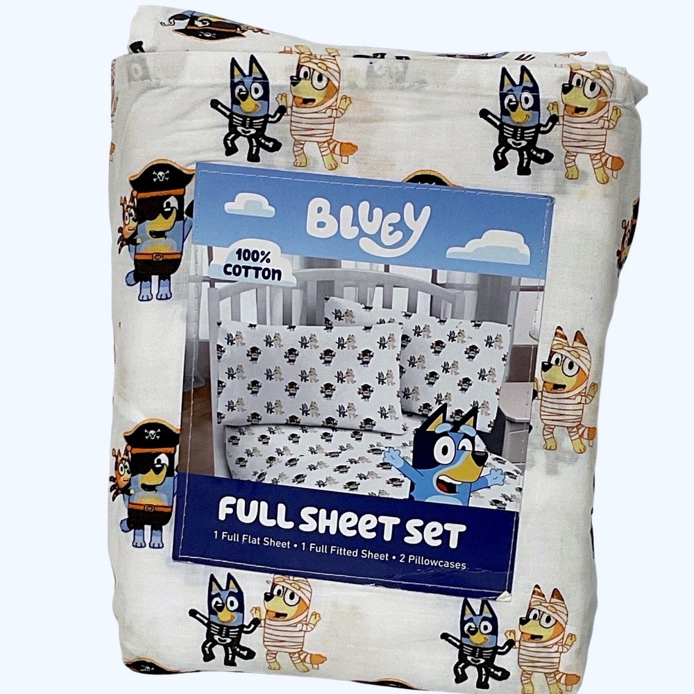 Bluey Halloween Full Sheet Set 100% Cotton 4pc Skeleton Mummy Pirate Jay Franco